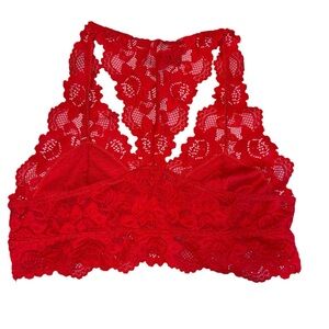 Jenny Jen Holiday Bright Red Sexy Lace Racerback Halter Bralette Lined Sz M